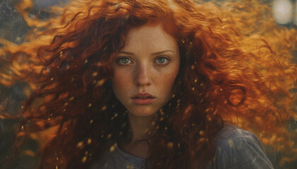 Fototapeta premium A beautiful redhead woman looking at camera, enjoying nature beauty generated by AI