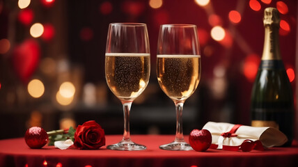 A pair of champagne glasses, a bottle, roses and Valentine's Day paraphernalia on the table. An atmosphere of coziness, love and mutual understanding