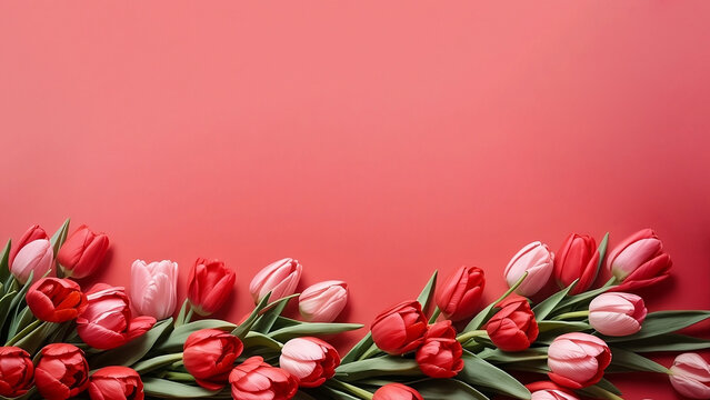 Red and pink tulips on red background with free space at the top of the image. Valentine's Day, International Women's Day, March 8