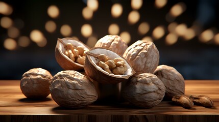Walnuts on wooden table in front of defocused lights background.