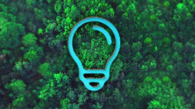 Idea lamp icon or symbol in the middle of a beautiful green forest. Top view, ecology background