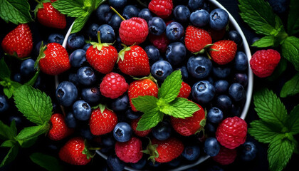 Freshness of summer berries on a wooden table, a healthy dessert generated by AI