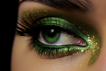 Close up of woman's eye with green and golden St. Patrick's Day eyes makeup with glitter - obrazy, fototapety, plakaty