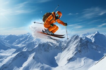 Skilled Skier Performing Mid-Air Jump with Powder Snow Swirling on Clear Day Mountainside - obrazy, fototapety, plakaty
