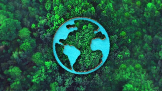Earth icon or symbol in the middle of a beautiful green forest. Top view, ecology background