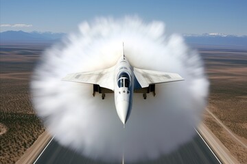 Supersonic Fighter Jet Creates Thunderous Sonic Boom as it Breaks Sound Barrier over Runway - obrazy, fototapety, plakaty