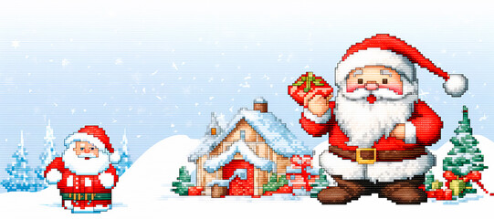 Cross stitch pattern of Santa Claus holding his presents, in the style of pixelated. Embroidered deer and snowy village