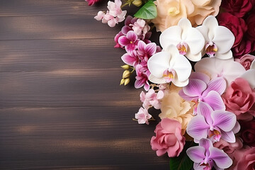 Fototapeta na wymiar Exquisite Floral Arrangement with Orchids, Roses, and Carnations on Wooden Background - Created with Generative AI Tools