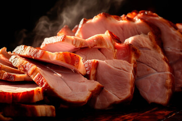 Closeup view of Medium rare roasted pork meat on plate. Slices of juicy pork steak or angus steak - obrazy, fototapety, plakaty