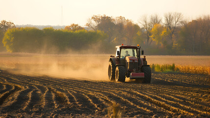 Fototapeta premium Tractor at Work in Agricultural Field - Generative AI
