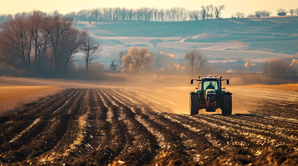 Fototapeta premium Tractor at Work in Agricultural Field - Generative AI