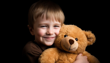 A cute child smiling, holding a toy, surrounded by love generated by AI