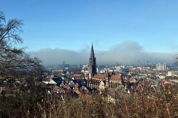 Das Münster in der Altstadt von Freiburg vor nebligem Himmel