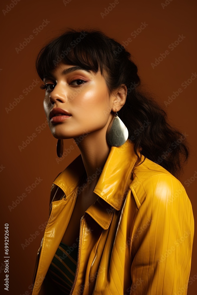 Poster a woman in a yellow leather jacket.