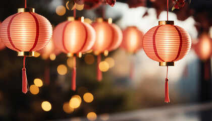 Chinese lanterns illuminate the night, symbolizing prosperity and luck generated by AI - obrazy, fototapety, plakaty