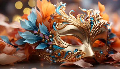 Feathered mask, gold costume, elegance at Mardi Gras celebration generated by AI