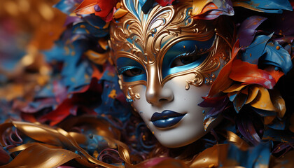 A glamorous woman in a colorful mask celebrates Mardi Gras generated by AI