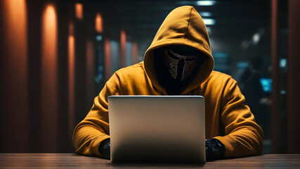 Hacker in a hood with a hidden face looks at the screen of a laptop. Hacking and malware concept - obrazy, fototapety, plakaty