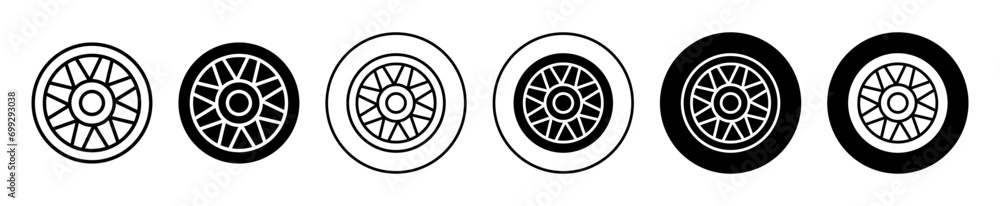 Sticker car hubcap trim alloy wheel icon flat line logo set. round tire steel hubcap vector symbol illustration 