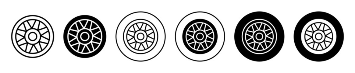 car hubcap trim alloy wheel icon flat line logo set. round tire steel hubcap vector symbol illustration 