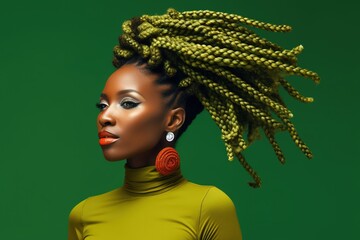 African woman with braided spikelet hair on green background. - obrazy, fototapety, plakaty