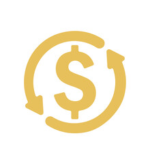 Cashback icon dollar with back arrow , return money, cash back rebate, gold web symbol on white background