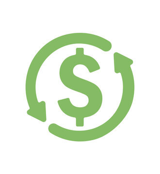 Cashback icon dollar with back arrow , return money, cash back rebate, green web symbol on white background