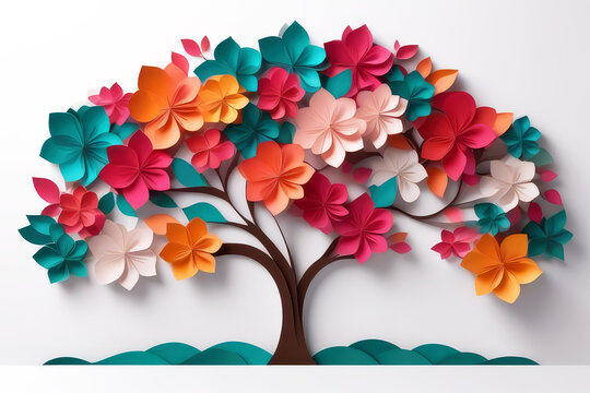Colorful 3D origami paper tree with vibrant flowers on a white background for design and interior art decor. Generative AI 