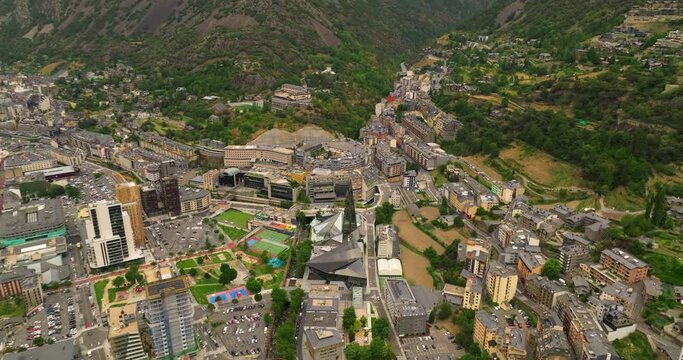 Aerial view of Andorra la Vella, the capital of Andorra, in the Pyrenees mountains between France and Spain. One of the most developed countries in Europe. Wonderful country for holidays and business