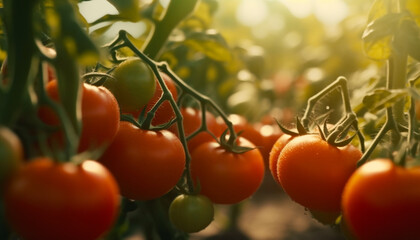 Fresh tomato, ripe vegetable, organic food, healthy eating, green plant generated by AI - obrazy, fototapety, plakaty