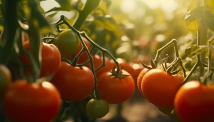 Fotobehang Fresh tomato, ripe vegetable, organic food, healthy eating, green plant generated by AI © Jeronimo Ramos