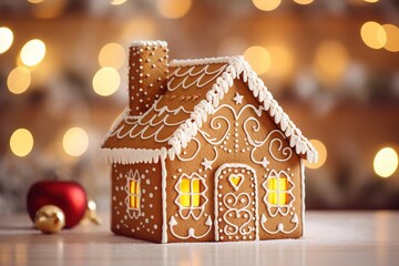 Gingerbread house at Christmas with bokeh background.