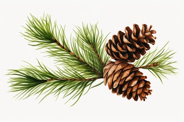 Cones and pine branch on white background.