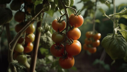 Fototapeta premium Fresh, organic tomato plant grows in a lush vegetable garden generated by AI