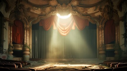 An abandoned, dilapidated theater with torn velvet curtains and faded grandeur. Dust particles dance in the shafts of sunlight streaming through cracks. - obrazy, fototapety, plakaty