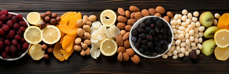 Assorted dried fruits and nuts on a dark background, Concept: healthy and nutritious selection of snacks, healthy snack
