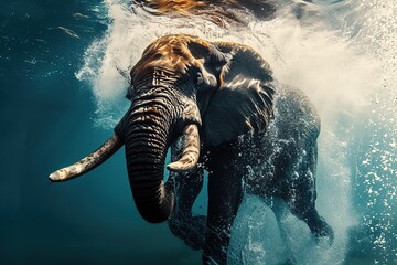 The elephant dives into the water.