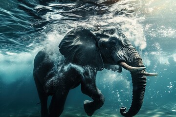 The elephant dives into the water.