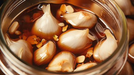 Fototapeta na wymiar Close-up of pickled garlic with soy sauce on a jar. AI Generative