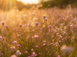 Obraz premium Field of lilac flowers at golden hour/sunset
