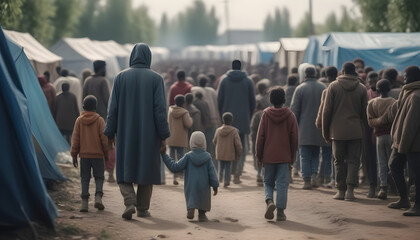 Crowd of homeless refugees view from the back with staff and children in refugee camp. Refugees and economy crisis.