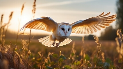 owl flight. hunting barn owl, wild bird in morning nice light. beautiful animal. AI Generative