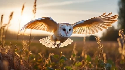 Fototapeten owl flight. hunting barn owl, wild bird in morning nice light. beautiful animal. AI Generative © Witri