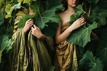Male and female made garments for themselves from fig leaves. - obrazy, fototapety, plakaty