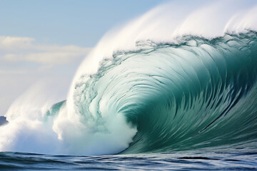 Big wave in the ocean close up. It can be seen inside the wave.