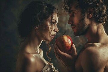 Adam and Eve with an apple. The concept embodies temptation and choice. - obrazy, fototapety, plakaty