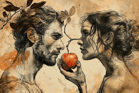 Adam and Eve with an apple. The concept embodies temptation and choice.