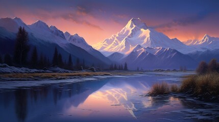 A tranquil, snow-capped mountain peak d by the first light of dawn.