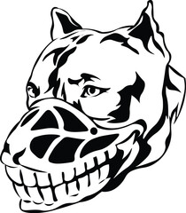 Cartoon Black and White Isolated Illustration Vector Of A Pet Pitbull Puppy Dog Wearing A Muzzle