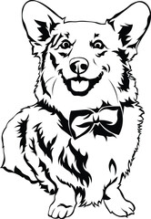 Cartoon Black and White Isolated Illustration Vector Of A Pet Corgi Puppy Dog Sitting Up Wearing A Bow